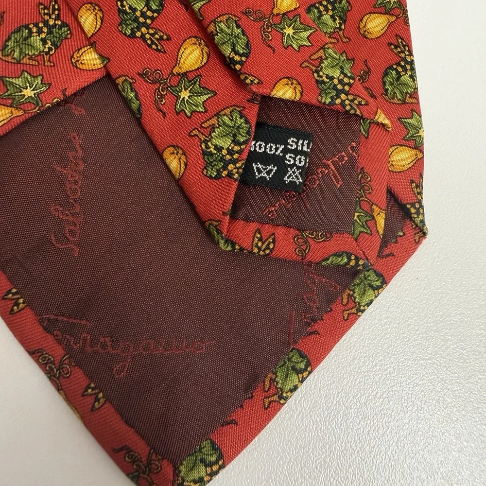 Salvatore Ferragamo Tie Rabbits & Pumpkins Autumn Leaves Red Silk 3 5/8